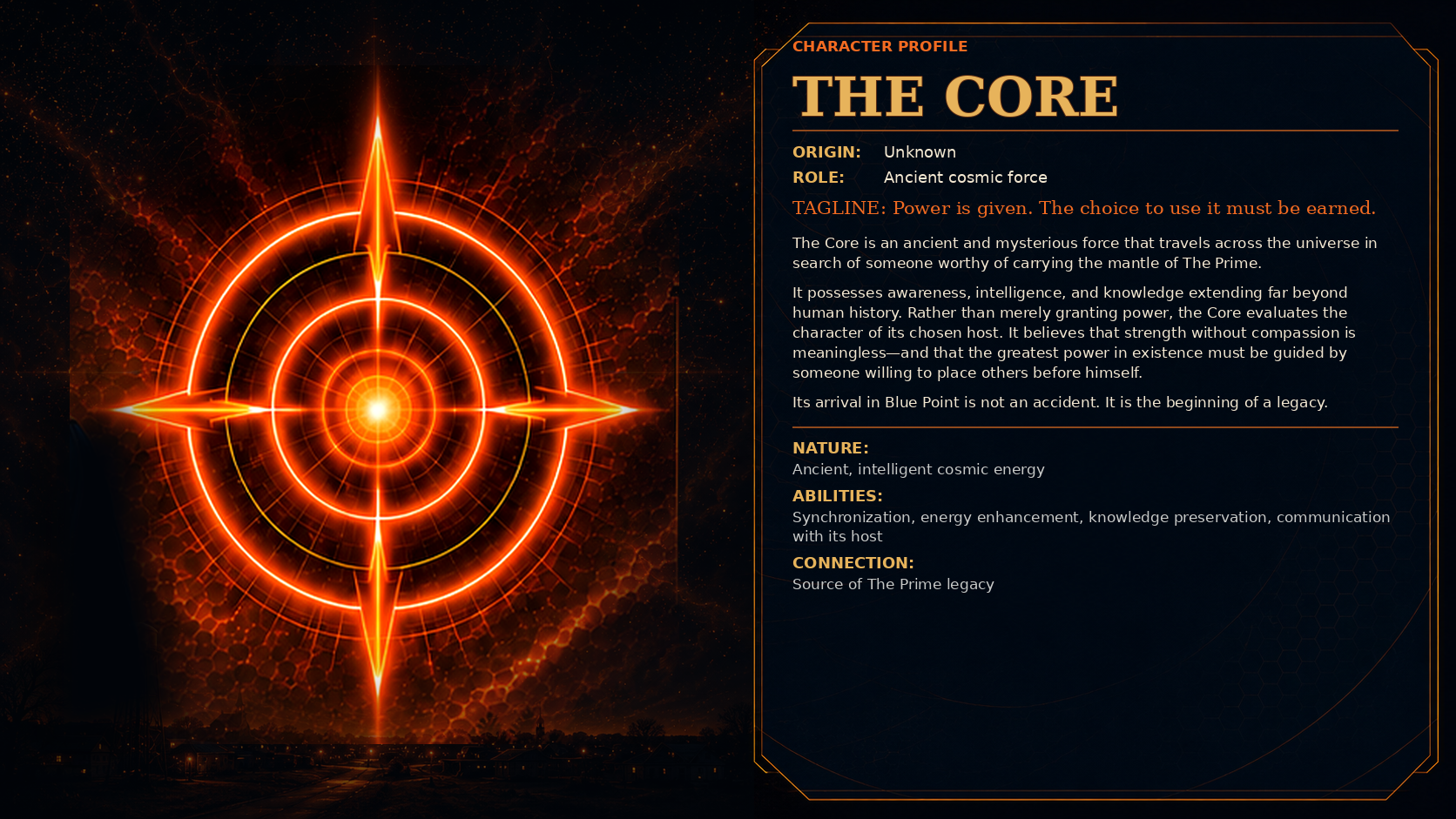 Character profile for The Core, an ancient intelligent cosmic energy