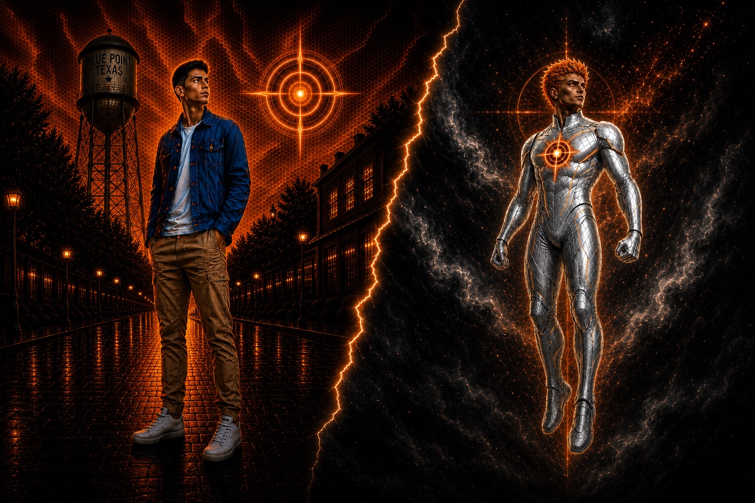 Marshall Gray in Blue Point beside the armored figure from First Light, divided by glowing Core energy
